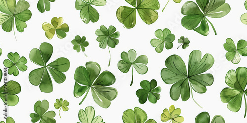 A pattern of various green clover leaves spread out against a white background  suggestive of spring or St. Patrick s Day.