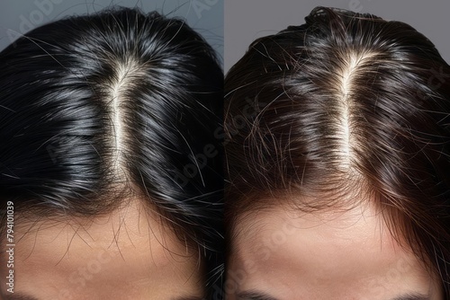 Before and after comparison of scalp with alopecia treatment progress, hair regrowth visualization photo