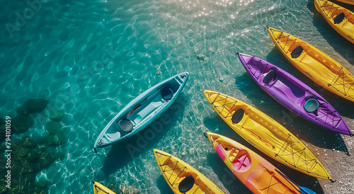 Colorful canoe kayak boat floting on tropical beach.for summer wallpaper design background.holiday activity relaxation