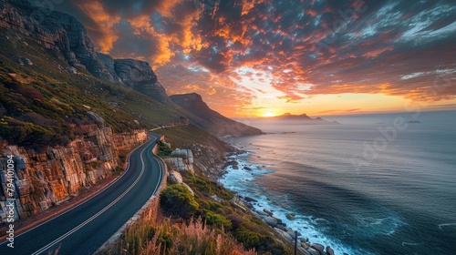 A scenic coastal road along the overlooking coast of Cape Town, South Africa with dramatic cliffs and sunset sky. 