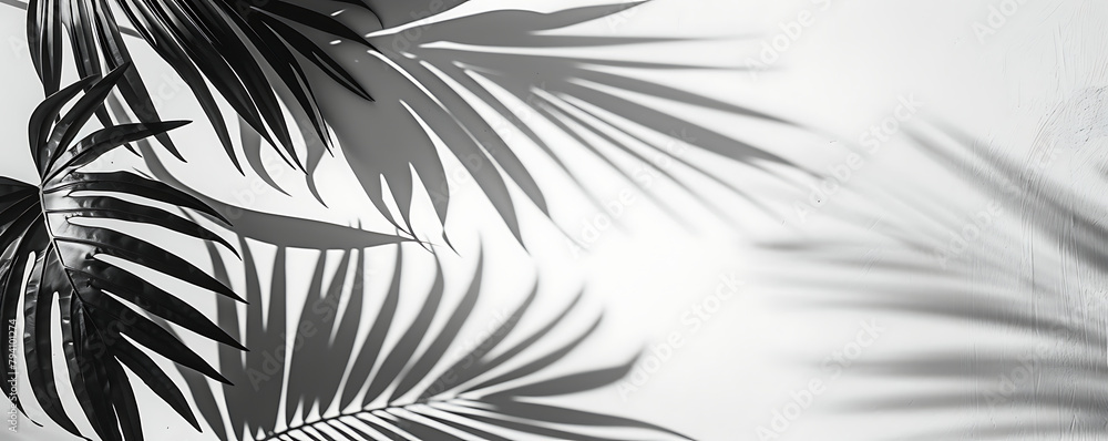 Abstract black palm leaf shadown on a white wall Background. Blank copy space. Abstract black palm leaf shadown on a white wall Background. Blank copy space.