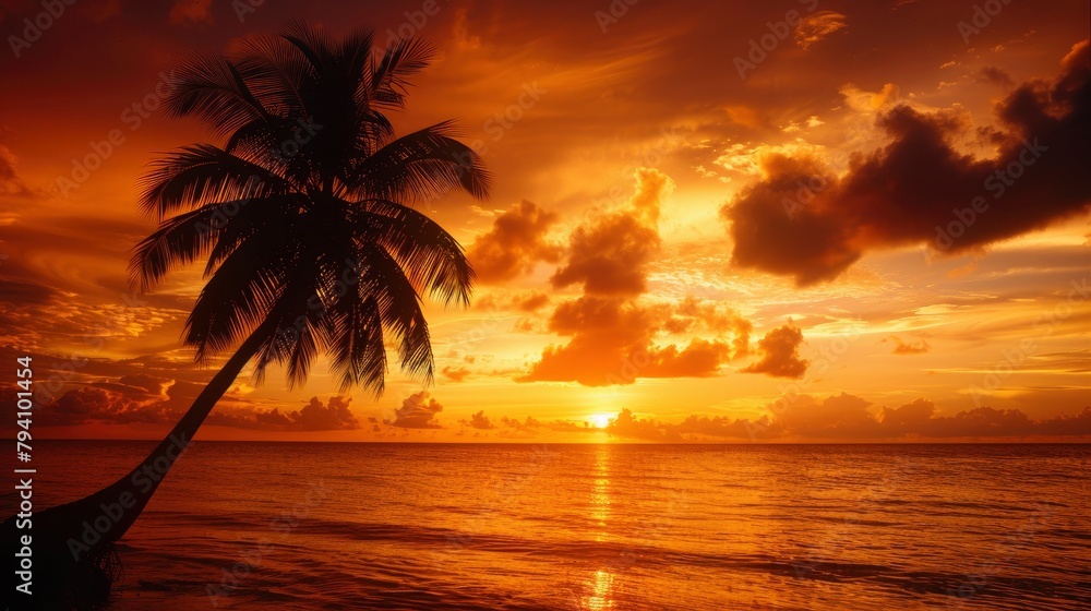 A silhouette of a palm tree at sunset on the beach in a Caribbean island, with a dark orange sky, clouds, and a calm ocean. 