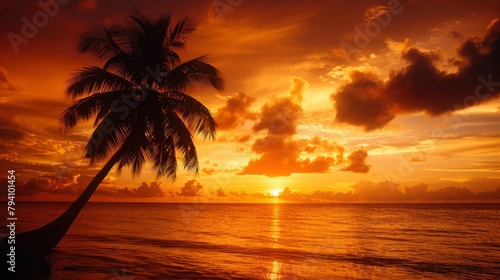 A silhouette of a palm tree at sunset on the beach in a Caribbean island  with a dark orange sky  clouds  and a calm ocean. 