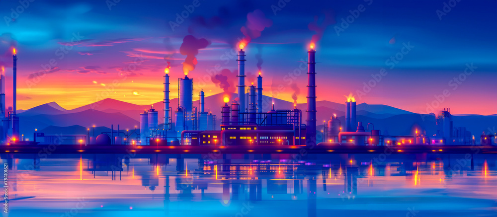 A city skyline with a large industrial plant in the background