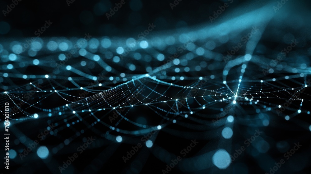 A network of glowing threads suspended in a dark void, resembling a spiderweb but with a futuristic aesthetic, suitable for a science fiction novel cover. A network of glowing threads suspended in a dark void, resembling a spiderweb but with a futuristic aesthetic, suitable for a science fiction novel cover.