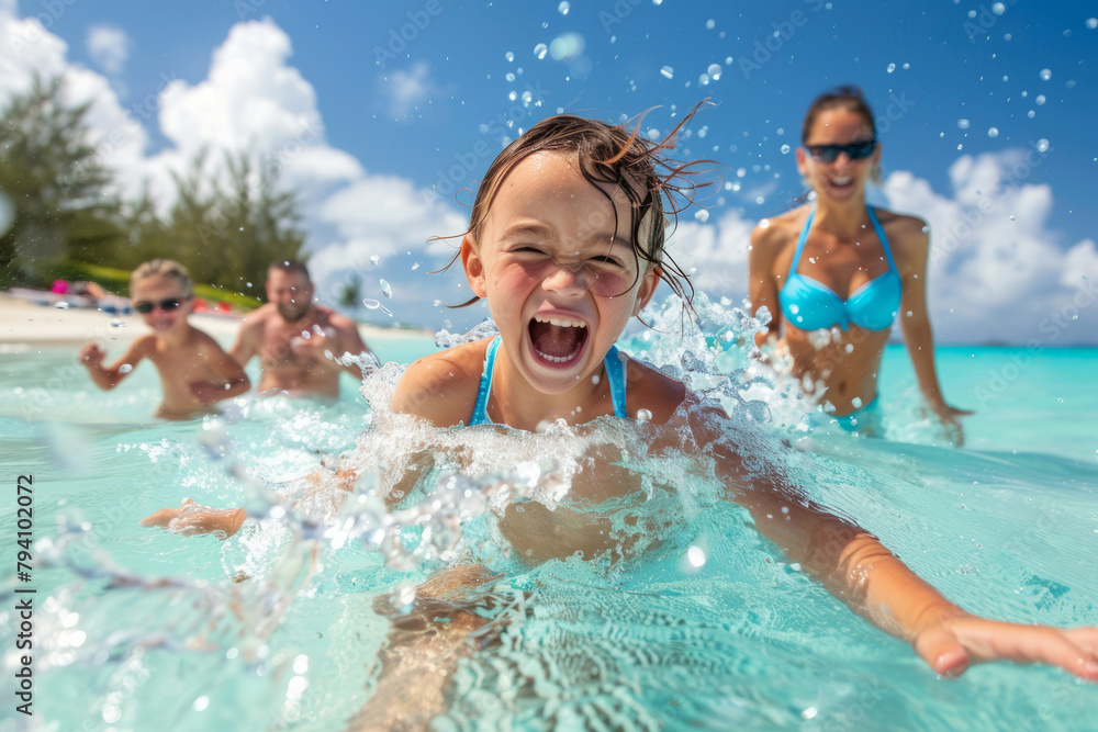 Children splash in the shallow waters. Cute kids having fun on the sandy beach in summer. Generative AI Children splash in the shallow waters. Cute kids having fun on the sandy beach in summer. Generative AI