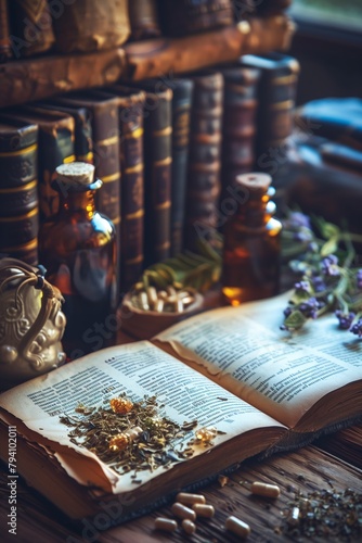 Vintage Apothecary Scene with Open Books and Herbs