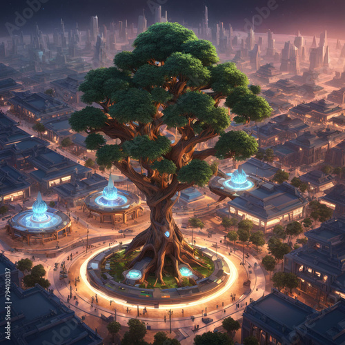 future themed tree adorned with advanced tech features singularly positioned in the heart of a spra photo