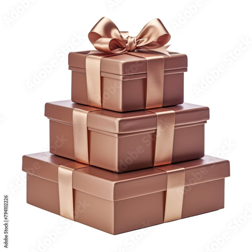 stack of bronze gift boxes isolated on transparent background cutout