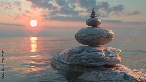 A photorealistic image of a balanced stone sculpture made from flat, grey stones, teetering on a larger, smooth stone at the water's edge, with a fiery sunset casting long shadows. © EC Tech 