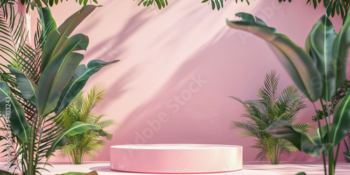 Empty pink podium with tropical plants casting shadows on a pink background  ideal for product display or presentation.