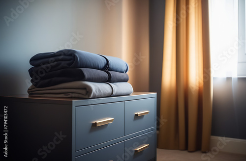 Chest of drawers in black or dark grey with golden handles. Neatly folded clothes lie on the dresser.