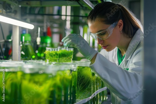 Scientists engineering algae for biofuel production, green biotechnology, sustainable energy photo