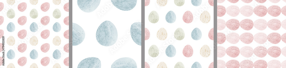 Watercolor set of seamless patterns. Collection of hand drawn pastel Easter eggs Watercolor set of seamless patterns. Collection of hand drawn pastel Easter eggs