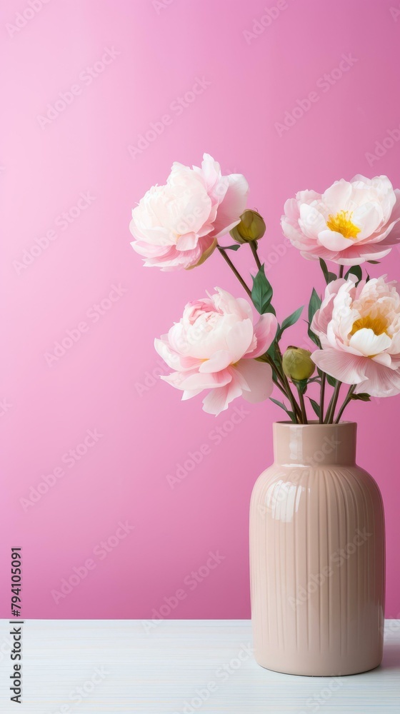 b'Pink peonies in a vase on a pink background'
