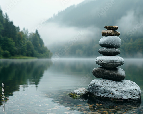 A stack of balanced stones by a misty lake, representing Zen and mindfulness, calm water and foggy background, natural setting
