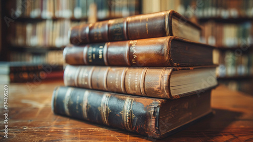 Antique books stacked on a wooden table, soft focus on leatherbound spines, warm lighting, nostalgic and historical literature theme photo