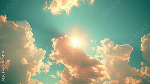 Sun shining through fluffy clouds