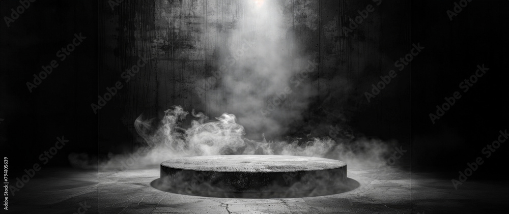 Mystical stone podium enveloped in smoke and light Mystical stone podium enveloped in smoke and light