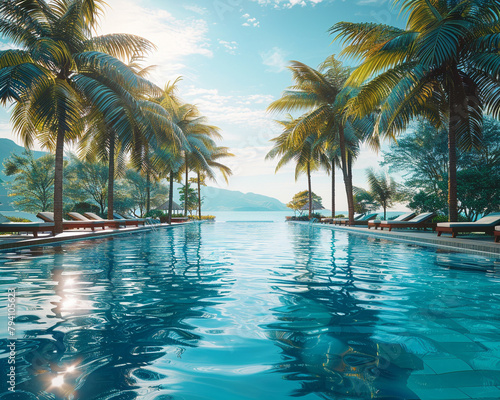 Tropical resort pool with swimup bar, relaxing holiday setting with palm trees and sun loungers, inviting blue water, luxury vacation theme © Oranuch