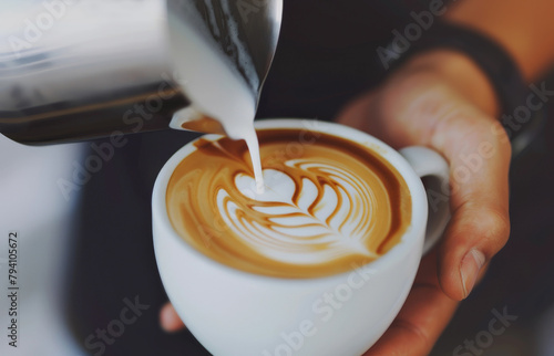 Mano de camarero echando leche con una jarra metalica, en una taza de ceramica blanca  que contiene cafe, sosteniendola con su otra mano, haciendo un dibujo artistico. 