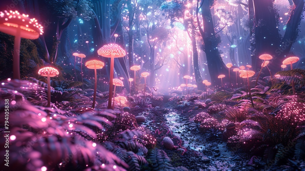 An alien planet teeming with exotic flora and fauna bathed in the glow of bioluminescent plants and otherworldly landscapes