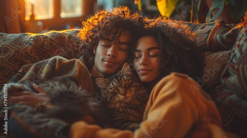 A lover are cuddled up on the couch with their adopted pets surrounded by cozy blankets and pillows photo