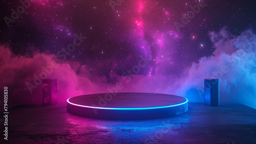 Futuristic Neon Platform with Cosmic Clouds Background