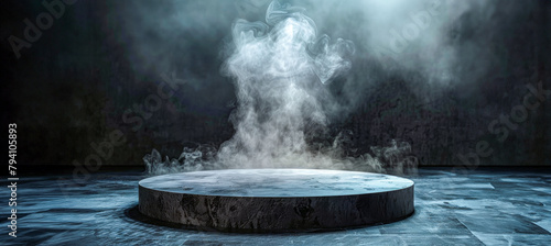 Mystical stone podium enveloped in smoke and light