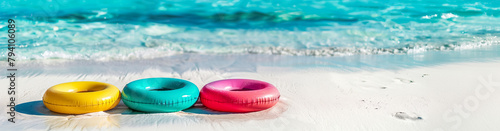 Colorful rubber ring floting on tropical sea beach in fresh moody.for summer wallpaper design background.holiday activity relaxation
