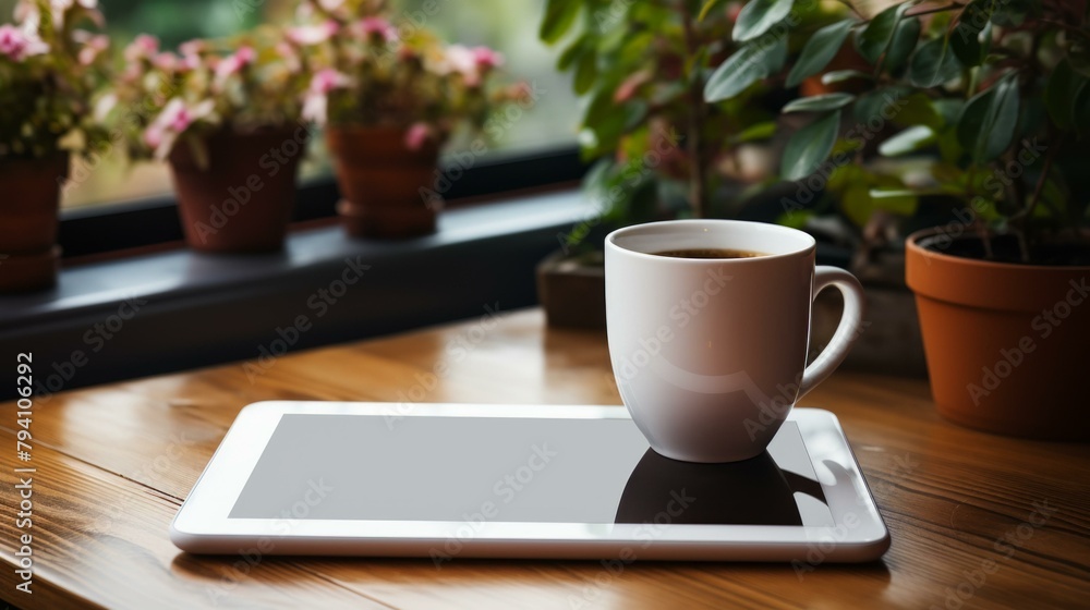 b'A cup of coffee and a tablet on a wooden table' b'A cup of coffee and a tablet on a wooden table'