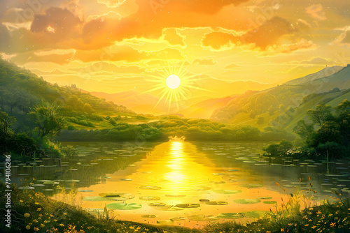 Solstice festival. Solstice, the summer winter solstice, with a golden sun rising over a tranquil landscape, symbolizing vitality, abundance, and the peak of daylight hours, in blue and golden tone. 