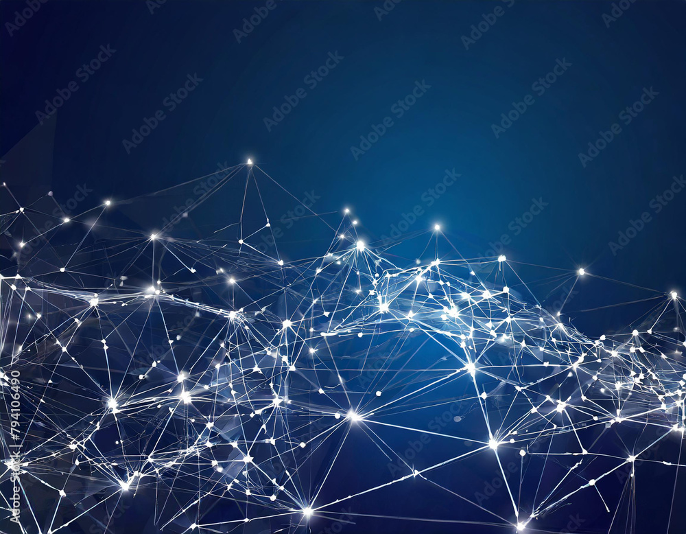 Abstract wireframe mesh with sparkling nodes and crumbling edges on a dark blue background Abstract wireframe mesh with sparkling nodes and crumbling edges on a dark blue background