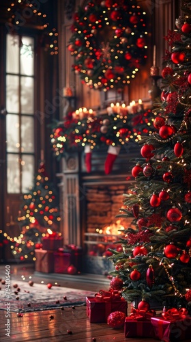 b'Christmas tree with red and gold ornaments and a fireplace'