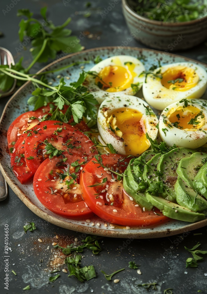 b'Healthy breakfast. Boiled eggs, avocado and tomatoes with herbs and spices' b'Healthy breakfast. Boiled eggs, avocado and tomatoes with herbs and spices'