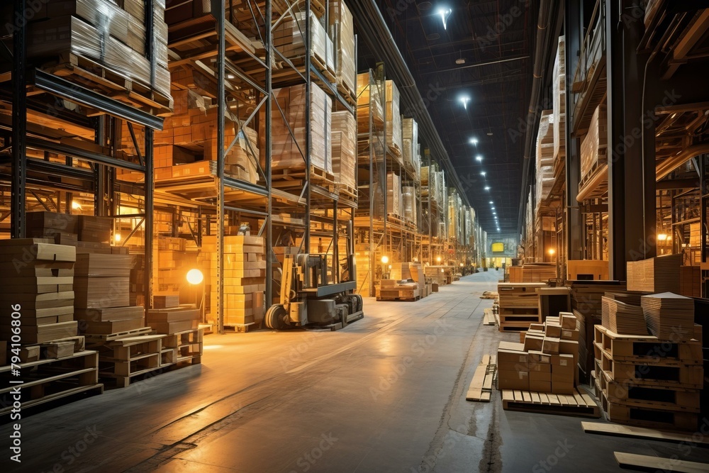 b'A large warehouse with many shelves and a forklift' b'A large warehouse with many shelves and a forklift'
