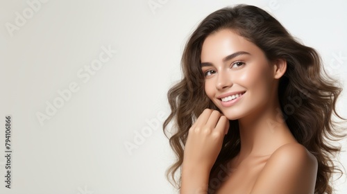 b'beautiful young woman with perfect skin and toothy smile'