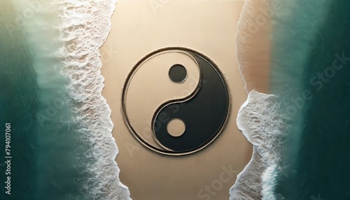 The yin and yang symbol is often used to represent balance and harmony. In this image, the yin and yang symbol is depicted in sand on a beach, with waves crashing on either side. The image is a peacef photo