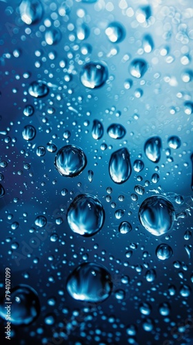 Blue water drops on a glass surface with a blurred background