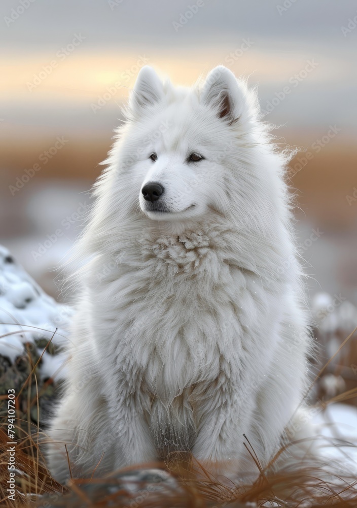 Samoyed dog breed fluffy white thick fur looking away