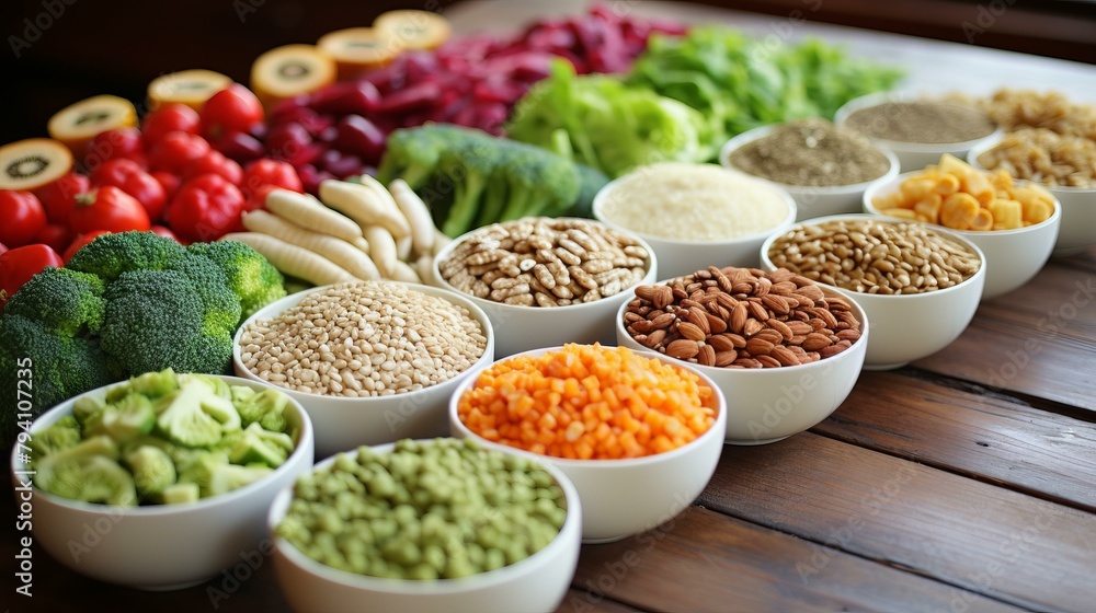b'A variety of healthy food ingredients including vegetables, grains, nuts, and seeds'