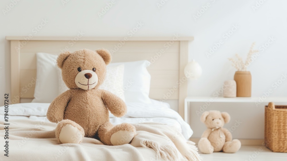 b'A cute teddy bear sitting on a bed'