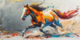 A vibrant, dynamic painting depicts a horse in motion, featuring expressive brushstrokes in bold and bright splashes of color.