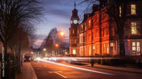 b'Night view of a residential street in London'