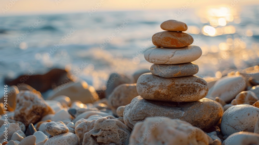 Stack of stones on a beach with the sea in the background