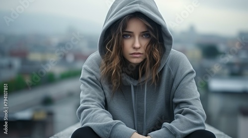 b'Portrait of a beautiful young woman in a gray hoodie looking away from the camera' photo