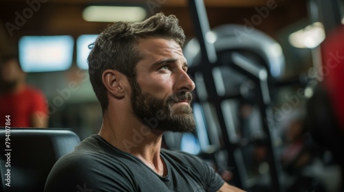 b Handsome bearded man looking away while sitting in a gym 