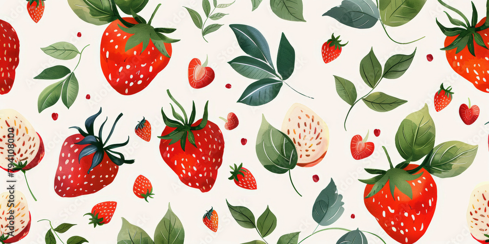 Pattern featuring ripe strawberries with green leaves and smaller berries against a light background. Perfect for fabric or wallpaper design. Pattern featuring ripe strawberries with green leaves and smaller berries against a light background. Perfect for fabric or wallpaper design.