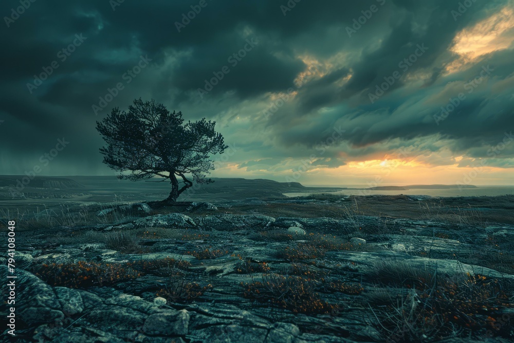 b'A lone tree stands on a rocky hilltop overlooking a vast body of water. The sky is dark and stormy, with a single beam of sunlight breaking through the clouds.'