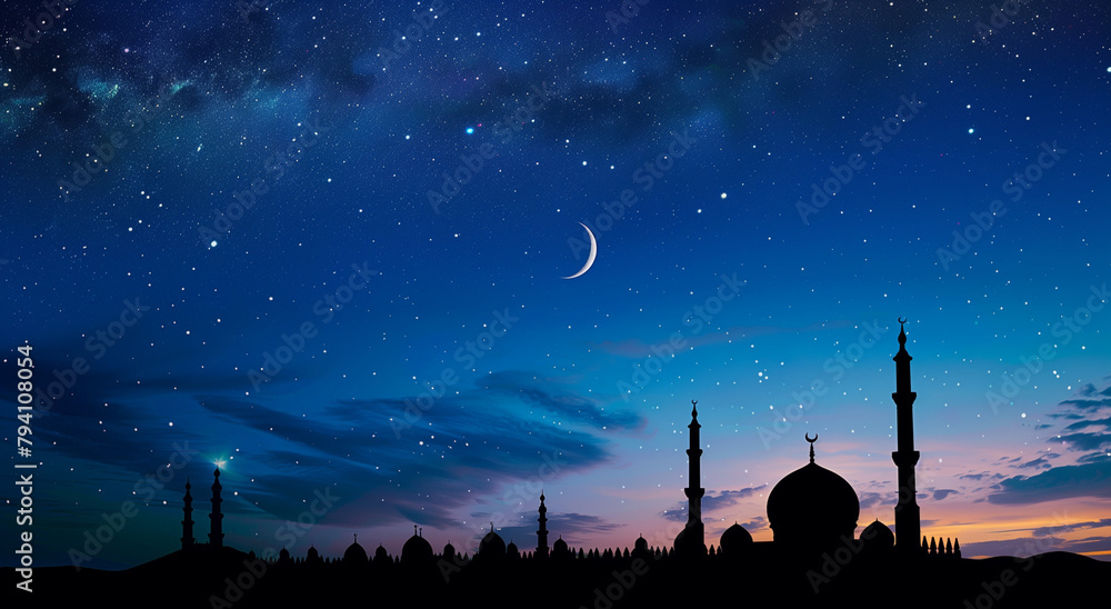 Ramadan kareem religion. Mosques Dome in night with Crescent Moon and sky. eid al-fitr  arabic  Eid al-adha